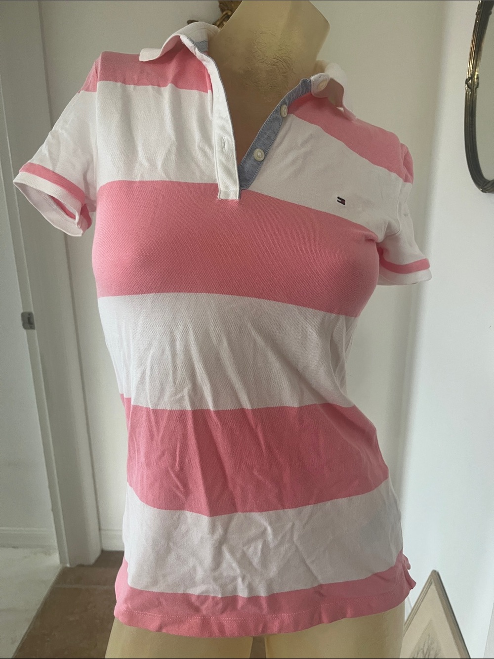 Adorable Tommy Hilfiger Pink and White Striped Polo Shirt